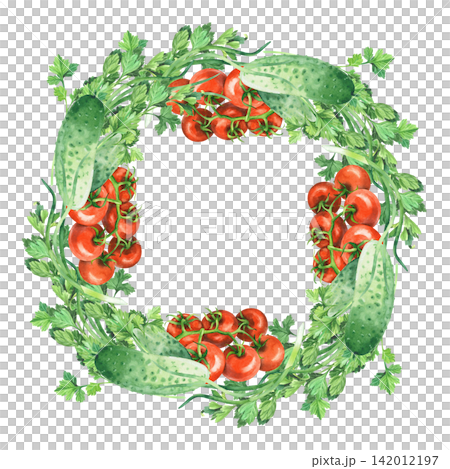Wreath of the parsley, green onion, tomatoes and cucumbers. Watercolor illustration. Handmade art work. For packaging design, cards, cover, prints, product labels and fabric. Wreath of the parsley, green onion, tomatoes and cucumbers. Watercolor illustration. Handmade art work. For packaging design, cards, cover, prints, product labels and fabric. 142012197