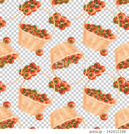 Seamless pattern of the straw basket with the tomatoes. Watercolor illustration. Handmade art work. For packaging design, cards, cover, prints, product labels and fabric. 142012198