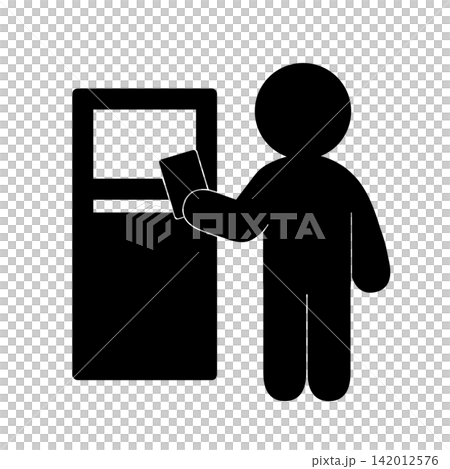 A simple pictogram of a person using an airport self-check-in machine. A simple pictogram of a person using an airport self-check-in machine. 142012576