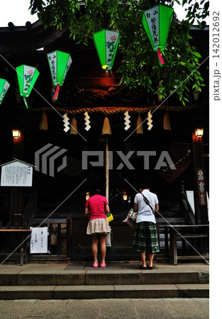 文京あじさいまつりの提灯が飾られた白山神社で参拝する人々 文京あじさいまつりの提灯が飾られた白山神社で参拝する人々 142012692