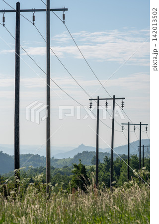 A detailed photograph of a serene rural landscape featuring a series of utility poles and power lines 142013502