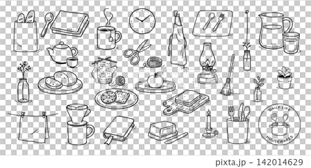 一組描繪日常用品和家居用品的鋼筆畫插圖。 一組描繪日常用品和家居用品的鋼筆畫插圖。 142014629