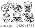 お正月を楽しむ干支の未（羊）　筆タッチ手描きイラスト　単色線画のみ 142014788