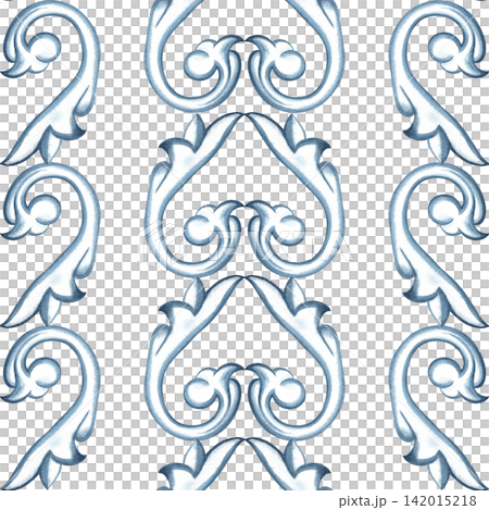 A seamless pattern with a decorative blue ornament in the Baroque style. Hand drawn watercolor illustration. Perfect for textiles, tablecloths and curtains, for prints, backgrounds, wallpaper and more 142015218