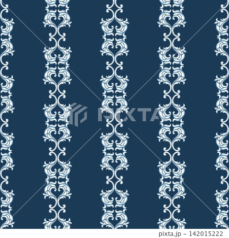A seamless pattern with a decorative Baroque-style ornament. Hand-drawn watercolor illustration. Dark blue background. For textiles, tablecloths and curtains, for backgrounds, wallpaper and much more. 142015222