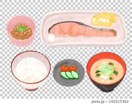 A set of illustrations for a Japanese breakfast consisting of rice, natto, miso soup, pickles, salmon, omelet, and tomato. 142015362