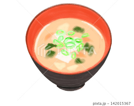黒いお椀にわかめと豆腐と大根・人参・ネギが入った美味しそうなお味噌汁イラスト 142015367