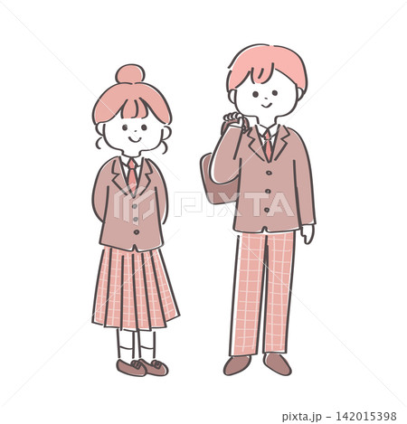 高校生男女のゆるかわいいイラスト｜ピンクと茶色系カラー 142015398