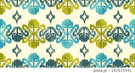 Ikat seamless pattern with floral ethnic motif. Rug textured batik print for textile and fabric. Vintage traditional background with ornament. Ikat seamless pattern with floral ethnic motif. Rug textured batik print for textile and fabric. Vintage traditional background with ornament. 142015441