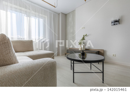 Modern Living Room Interior with Oval Glass Coffee Table and Sofa 142015461