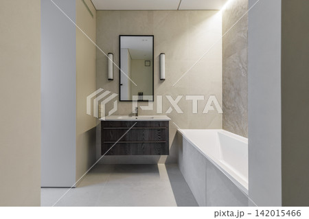 Modern Bathroom Interior View with Vanity and Bathtub Modern Bathroom Interior View with Vanity and Bathtub 142015466