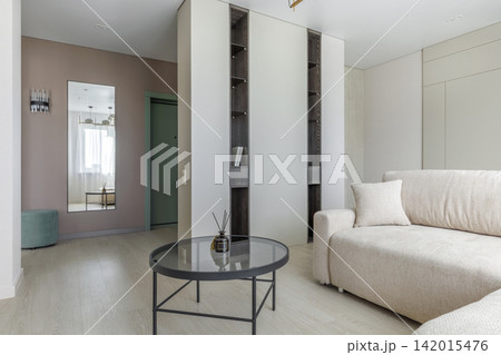 Modern Open-Plan Living Room and Hallway Interior View Modern Open-Plan Living Room and Hallway Interior View 142015476