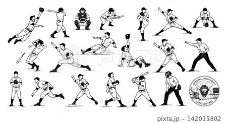 野球選手のペン画イラストセット(投げる・打つ・捕る) 野球選手のペン画イラストセット(投げる・打つ・捕る) 142015802