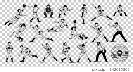 野球選手のペン画イラストセット(投げる・打つ・捕る) 野球選手のペン画イラストセット(投げる・打つ・捕る) 142015802