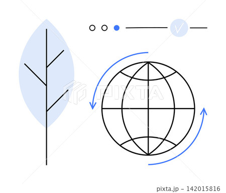 Sustainability, global communication, eco-consciousness, renewable energy, environmental care, and globalization. Circular arrows around a globe and a minimal leaf. sustainability and global Sustainability, global communication, eco-consciousness, renewable energy, environmental care, and globalization. Circular arrows around a globe and a minimal leaf. sustainability and global 142015816