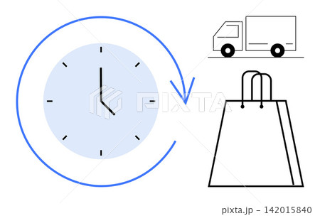 Fast shipping, quick delivery, logistics, e-commerce, online shopping, time management. Minimalistic clock with arrow, truck and shopping bag. Fast shipping and quick delivery ideas Fast shipping, quick delivery, logistics, e-commerce, online shopping, time management. Minimalistic clock with arrow, truck and shopping bag. Fast shipping and quick delivery ideas 142015840