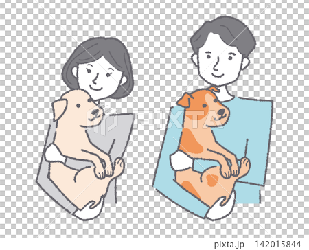 A smiling young woman and man couple holding a dog. A smiling young woman and man couple holding a dog. 142015844