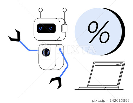 Artificial intelligence, automation, fintech, robotics, technology integration, AI applications. Robot with claw arm next to percentage symbol and laptop. Artificial intelligence and automation 142015895