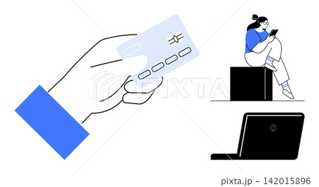 E-commerce, online payments, remote shopping, technology, financial transactions, digital connectivity. Hand holding a credit card, person using a device laptop on display. E-commerce and online 142015896