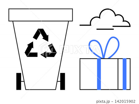 Recycling, waste management, sustainability, eco-friendly gifts, environmental awareness, packaging. Waste bin with recycling symbol, cloud and gift box. Recycling and waste management concept Recycling, waste management, sustainability, eco-friendly gifts, environmental awareness, packaging. Waste bin with recycling symbol, cloud and gift box. Recycling and waste management concept 142015902