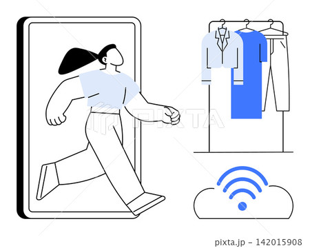 Online shopping, smart wardrobe, digital connectivity, modern technology, retail innovation, e-commerce. Woman stepping out of smartphone, wardrobe and wireless cloud. Online shopping and smart Online shopping, smart wardrobe, digital connectivity, modern technology, retail innovation, e-commerce. Woman stepping out of smartphone, wardrobe and wireless cloud. Online shopping and smart 142015908