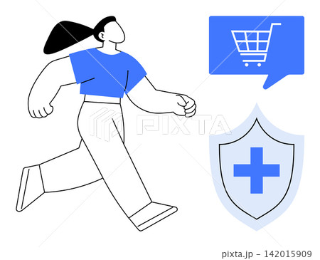 Online shopping, health insurance, digital security, e-commerce apps, consumer protection, financial safety. A walking person, shopping cart symbol and shield with a medical cross. E-commerce 142015909