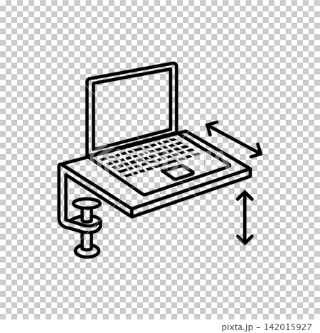 Line art illustration of a laptop desk extender tray attached with a clamp to raise screen height ergonomically. Line art illustration of a laptop desk extender tray attached with a clamp to raise screen height ergonomically. 142015927
