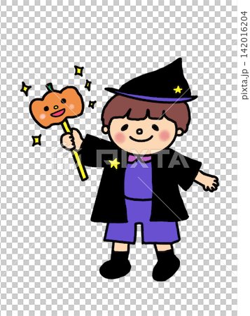 Halloween illustration of a cute little wizard boy and a pumpkin Halloween illustration of a cute little wizard boy and a pumpkin 142016204