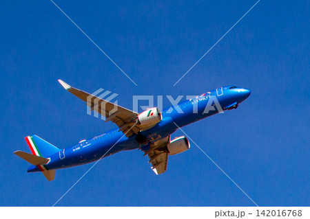 ITA Airways Airbus Airplane Taking Off into Blue Sky at Brussels Airport 142016768