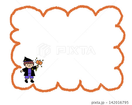 ハロウィンオーランタンのステッキを持ったかわいい魔法使いの男の子のイラスト、メモ、吹き出しフレーム ハロウィンオーランタンのステッキを持ったかわいい魔法使いの男の子のイラスト、メモ、吹き出しフレーム 142016795