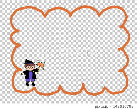 ハロウィンオーランタンのステッキを持ったかわいい魔法使いの男の子のイラスト、メモ、吹き出しフレーム ハロウィンオーランタンのステッキを持ったかわいい魔法使いの男の子のイラスト、メモ、吹き出しフレーム 142016795