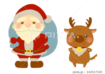 クリスマス かわいい手描きのサンタとトナカイのイラスト クリスマス かわいい手描きのサンタとトナカイのイラスト 142017105