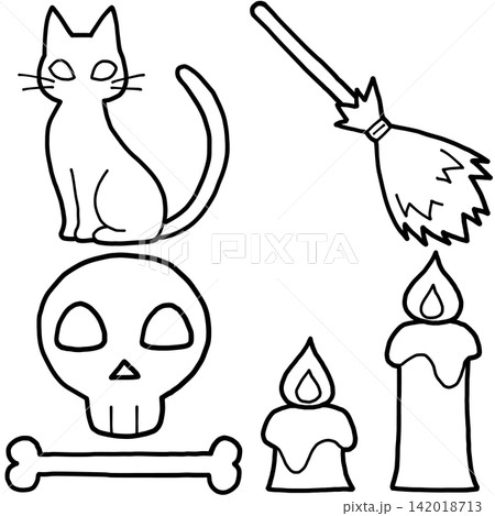 ハロウィンの線画イラストセット(黒猫・魔女の箒・ドクロと骨・ろうそく) 142018713