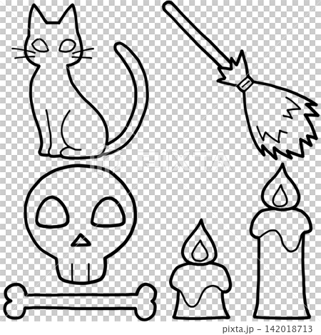 ハロウィンの線画イラストセット(黒猫・魔女の箒・ドクロと骨・ろうそく) 142018713
