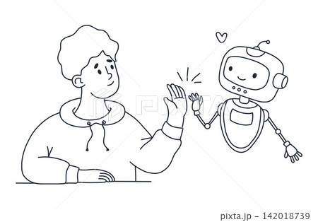 AI Human High Five Friendship. Friendly Robot Chatbot Assistant And Man Collaboration Synergy. Outline Cute Cyber Bot Partner. Line Art Hand Drawn. Vector Illustration For Web App Interface Technology AI Human High Five Friendship. Friendly Robot Chatbot Assistant And Man Collaboration Synergy. Outline Cute Cyber Bot Partner. Line Art Hand Drawn. Vector Illustration For Web App Interface Technology 142018739