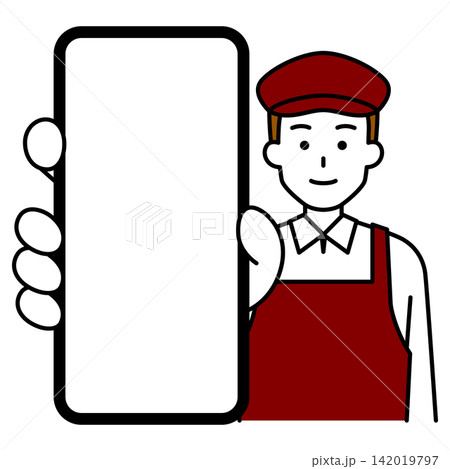 スマホの画面を大きく見せるカフェの男性店員 スマホの画面を大きく見せるカフェの男性店員 142019797