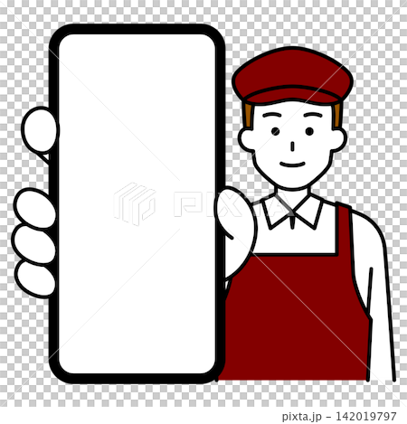 スマホの画面を大きく見せるカフェの男性店員 スマホの画面を大きく見せるカフェの男性店員 142019797