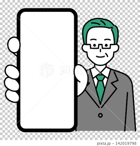 A middle-aged man in a suit is holding his smartphone screen up close. A middle-aged man in a suit is holding his smartphone screen up close. 142019798