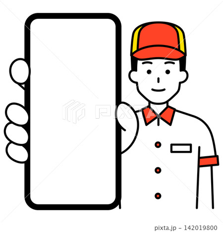スマホの画面を大きく見せるファストフード店の男性店員 142019800