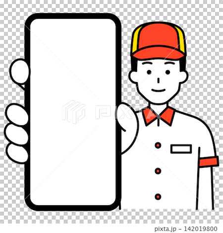 スマホの画面を大きく見せるファストフード店の男性店員 142019800