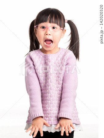 A cute Asian girl displays a surprised expression and gesture against a pure white background. 142020320