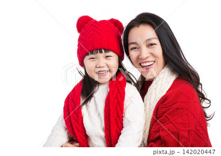 smiling Asian Mother and Daughter Wearing Red Winter Clothes Isolated on White Background 142020447