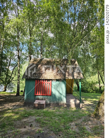 Small green wooden cabin with old roof surrounded by tall pine trees in peaceful summer forest near river Small green wooden cabin with old roof surrounded by tall pine trees in peaceful summer forest near river 142020779
