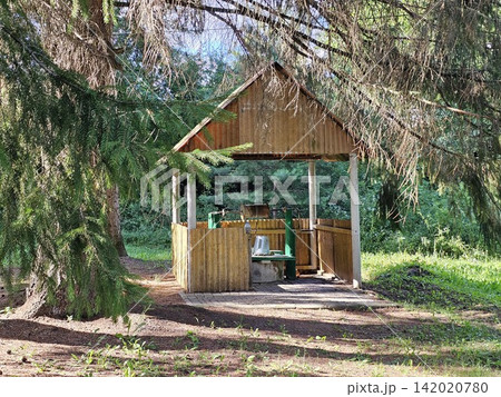 Traditional wooden water well with roof surrounded by tall pine and spruce trees in a peaceful forest on a sunny summer day Traditional wooden water well with roof surrounded by tall pine and spruce trees in a peaceful forest on a sunny summer day 142020780