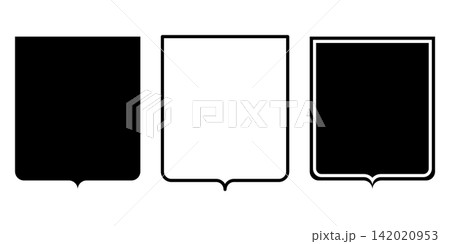 Classic French heraldic shield template in vector format, featuring three stylistic variations including solid silhouette line art outline and offset border frame for crest design. 142020953