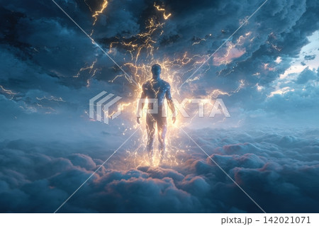 Human figure stands illuminated in calm after the storm amidst dark clouds Human figure stands illuminated in calm after the storm amidst dark clouds 142021071