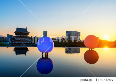 Kokura Castle with colorful bulb over pond at sunset, Kitakyushu Kokura Castle with colorful bulb over pond at sunset, Kitakyushu 142021205