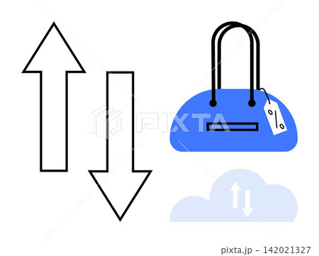 Ecommerce, online shopping, digital transactions, consumer behavior, retail trends, cloud storage. Arrows, shopping bag with price tag cloud icon. Ecommerce and online shopping concept Ecommerce, online shopping, digital transactions, consumer behavior, retail trends, cloud storage. Arrows, shopping bag with price tag cloud icon. Ecommerce and online shopping concept 142021327
