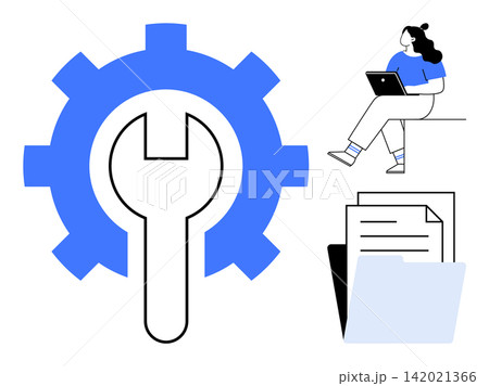 Technology, maintenance, productivity, file management, digital tools, remote work. Gear with wrench, documents and woman using a laptop. Technology and maintenance concepts 142021366