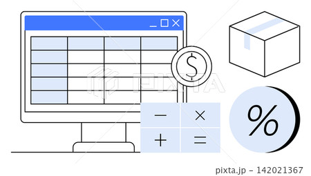 Financial planning, logistics, e-commerce, data analysis, budgeting, online transactions. Spreadsheet on a screen with a calculator, percentage symbol and shipping box. Financial planning Financial planning, logistics, e-commerce, data analysis, budgeting, online transactions. Spreadsheet on a screen with a calculator, percentage symbol and shipping box. Financial planning 142021367